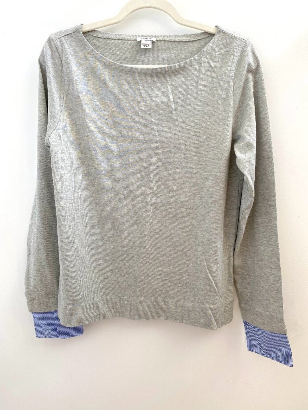 J. Crew Light Grey Boat Neck Long Sleeve with Striped Cuffs - Size Small